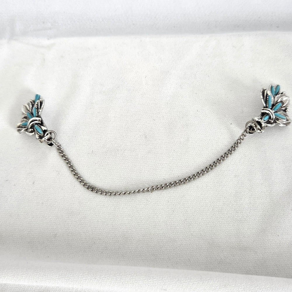 Silver Tone Faux Turquoise Floral Sweater Guard Clip 7.5 Inch